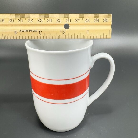 Vintage Leonard White Ceramic Coffee Mug Cup Set 2 Red Orange Band Mugs Cups Set - Picture 4 of 13